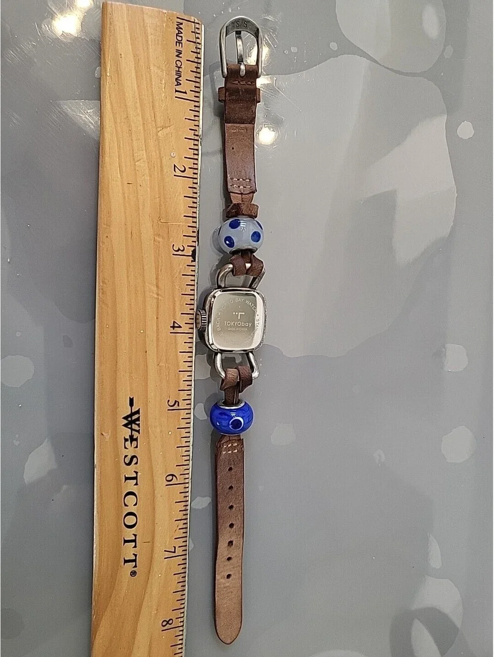 Womens TOKYObay Watch Silver Tone Leather Glass Beads New Battery Works Great!